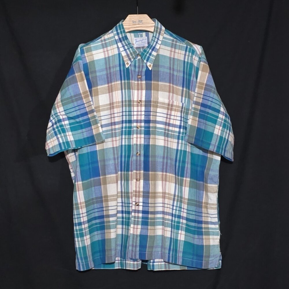 Vtg Trimingham's Bermuda SS BF Shirt - Blue Plaid - Sz XL*